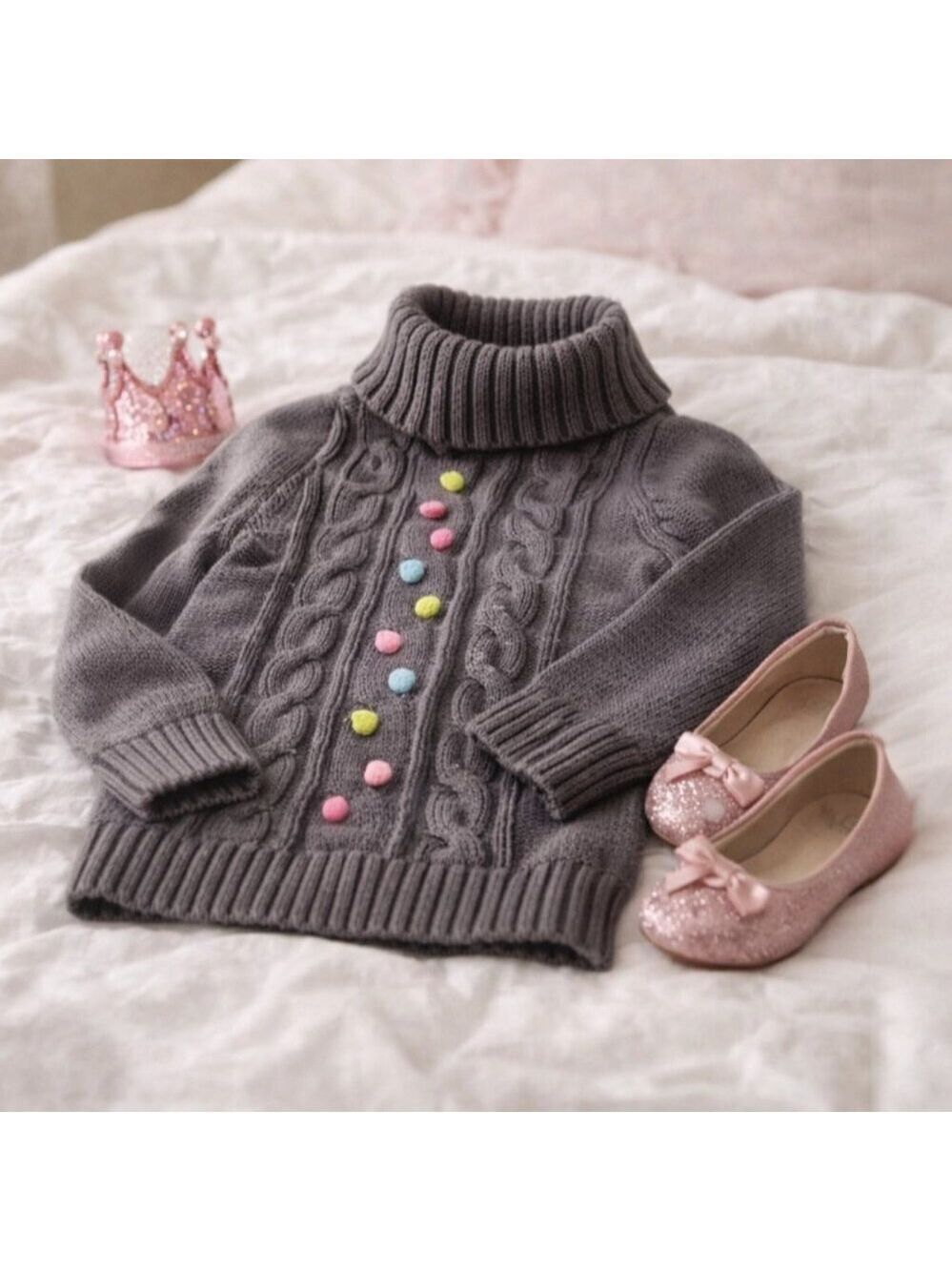 Girls Gray Cable Knit Turtleneck Sweater Size 5/6 Pom Pom Detail Cozy Winter